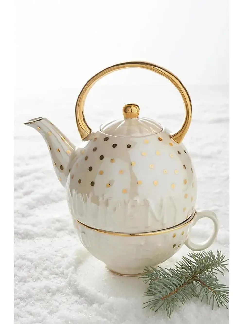 Anthropologie Sweet Sentiment Gold Dot Stacking Teapot & Cup Set Flawless